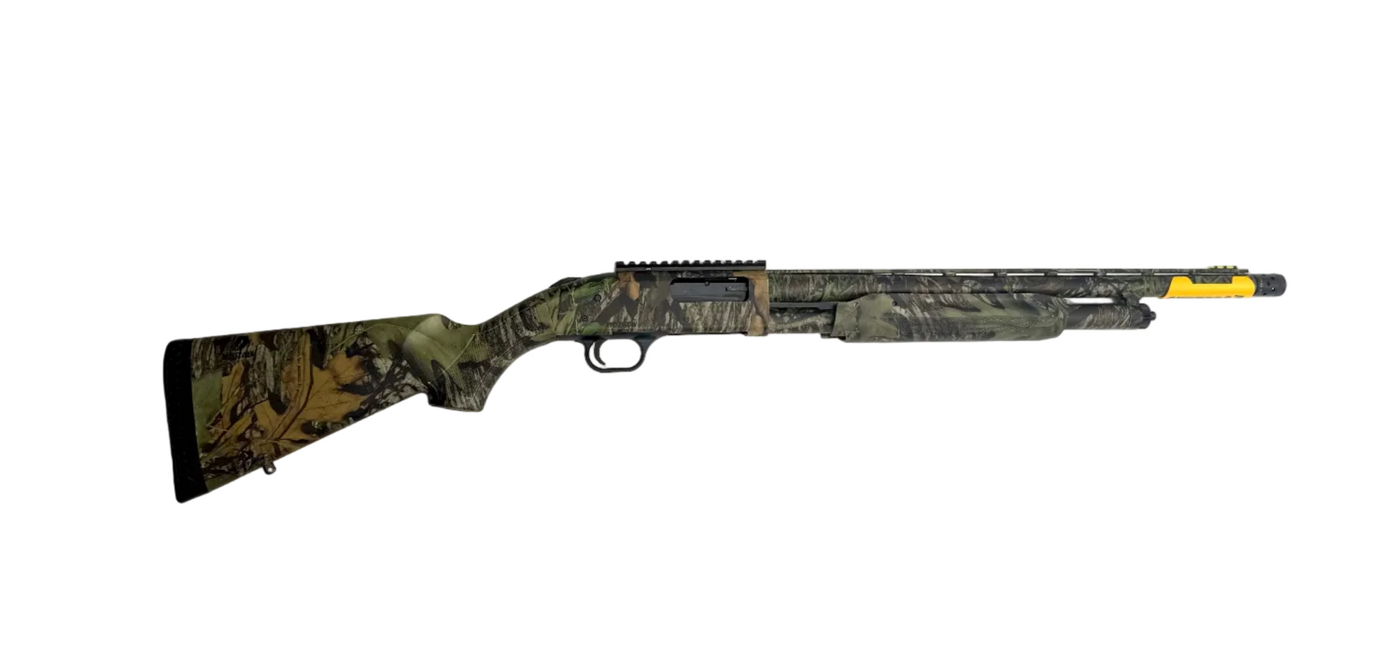 Mossberg 500 Turkey 12 Gauge pump-action shotgun with Mossy Oak Obsession camouflage finish, shown with the shotgun on a plain background.