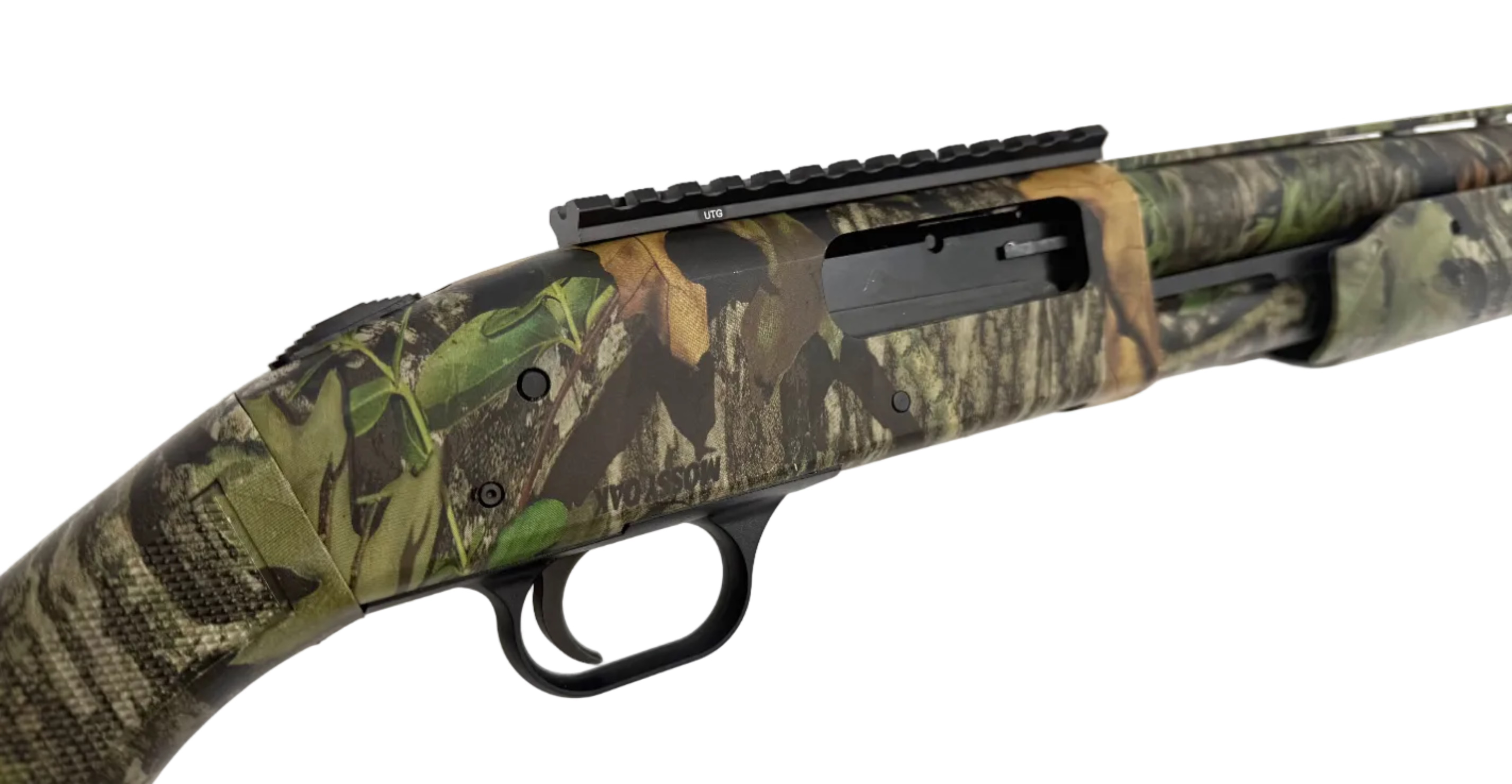 Mossberg 500 Turkey 12 Gauge pump-action shotgun with Mossy Oak Obsession camouflage finish, shown in image.