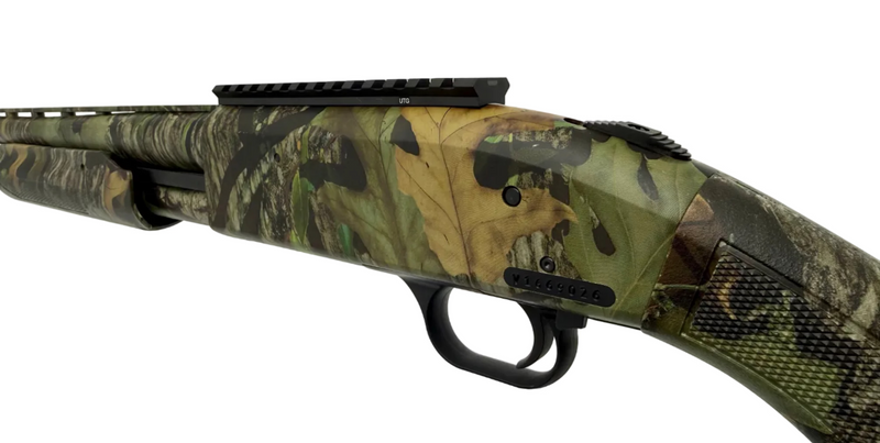 Mossberg 500 Turkey 12 Gauge pump-action shotgun with Mossy Oak Obsession camouflage finish, shown in close-up view.