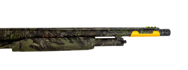 Mossberg 500 Turkey 12 gauge pump-action shotgun with Mossy Oak Obsession camouflage finish, shown with a close-up of the firearm.