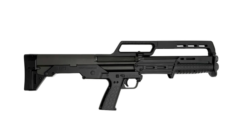 KelTec KS7 12 Gauge pump action shotgun with black synthetic stock and metal barrel, ready for hunting or home defense.