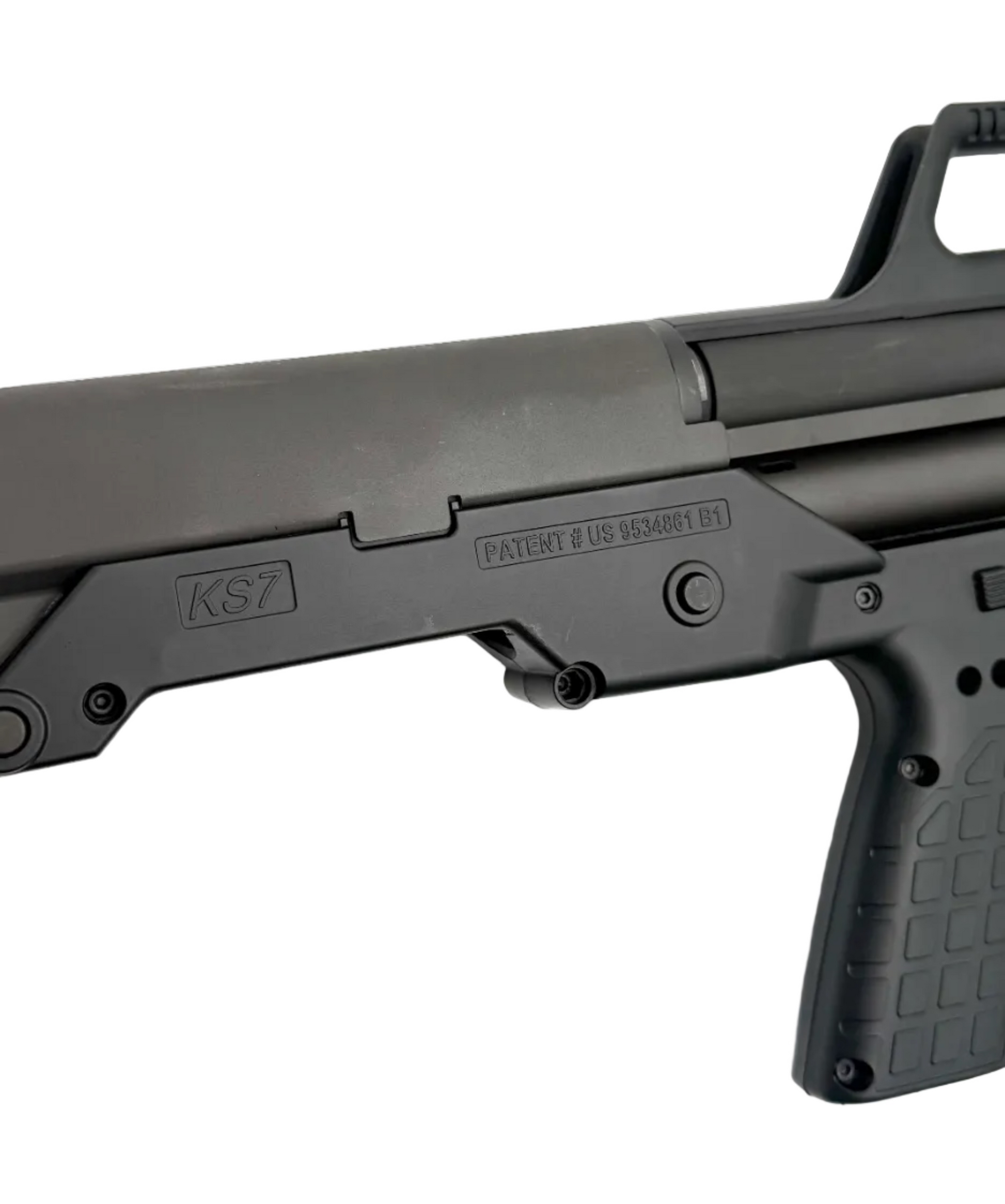 KelTec KS7 12 gauge pump action shotgun with black polymer stock and metal barrel, shown from a side view.