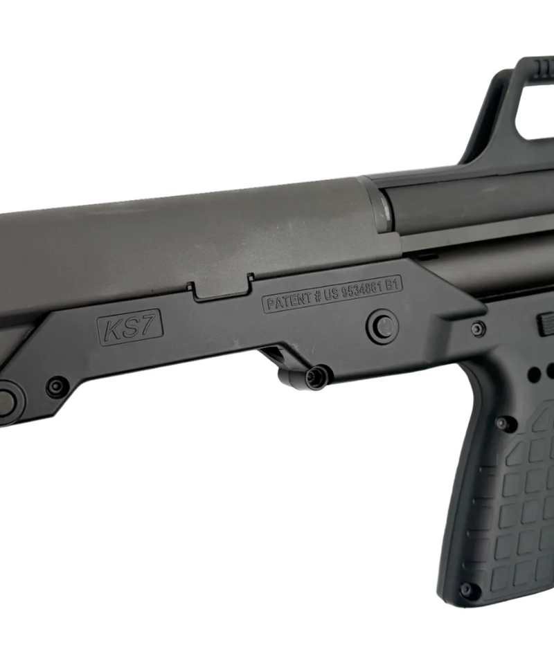 KelTec KS7 12 gauge pump action shotgun with black polymer stock and metal barrel, shown from a side view.
