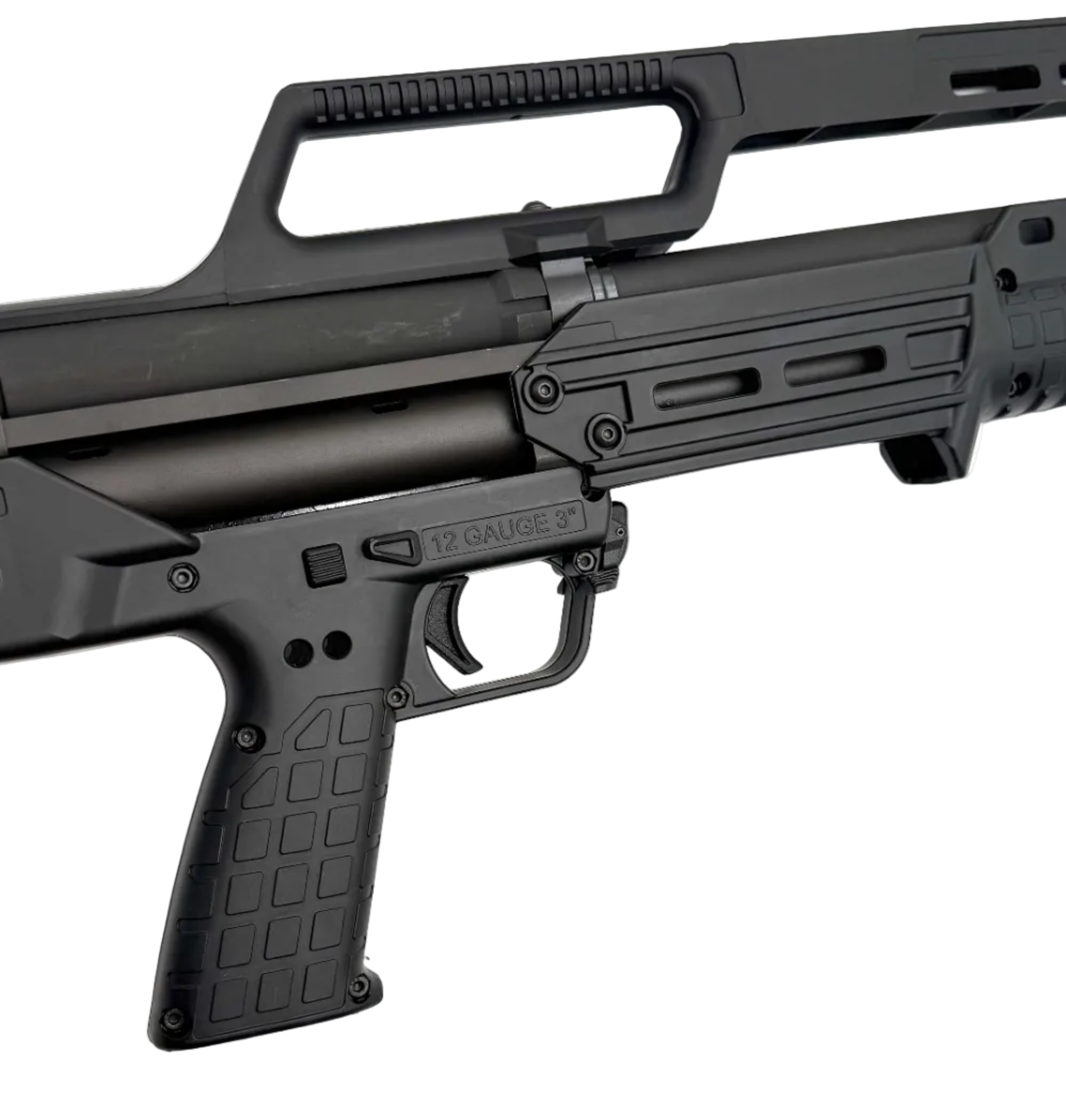 KelTec KS7 12 Gauge pump-action shotgun with black synthetic stock and barrel, shown in a close-up profile view.