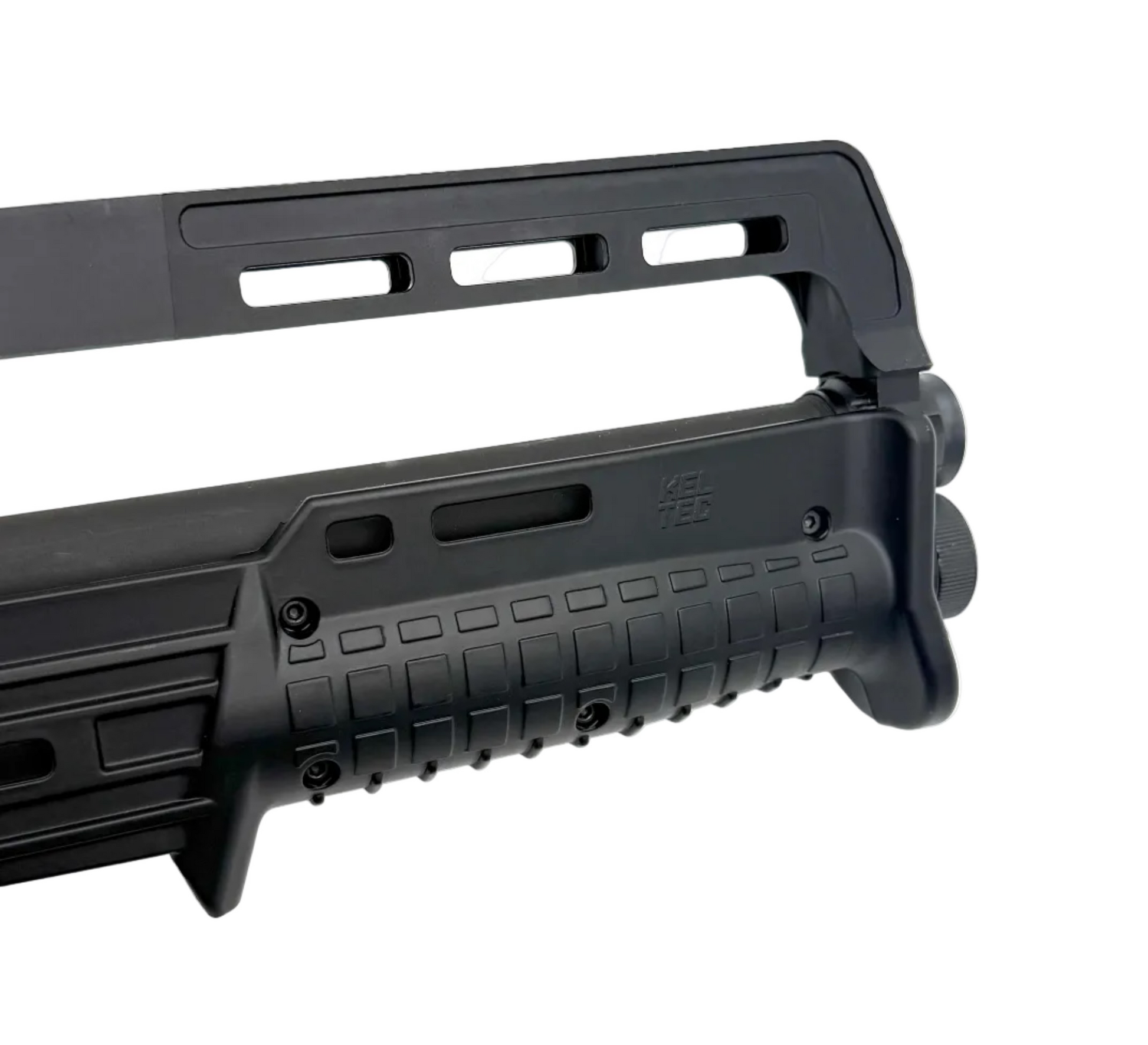 KelTec KS7 12-gauge pump-action shotgun with black finish and tactical stock, shown from side angle.