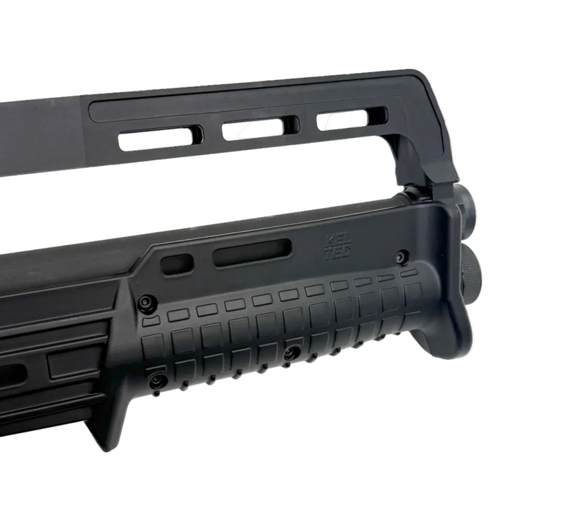 KelTec KS7 12-gauge pump-action shotgun with black finish and tactical stock, shown from side angle.
