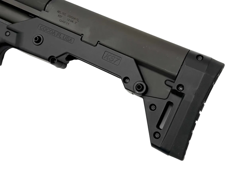 KelTec KS7 12 Gauge Pump Action Shotgun with black stock and barrel, ready for tactical or hunting use.