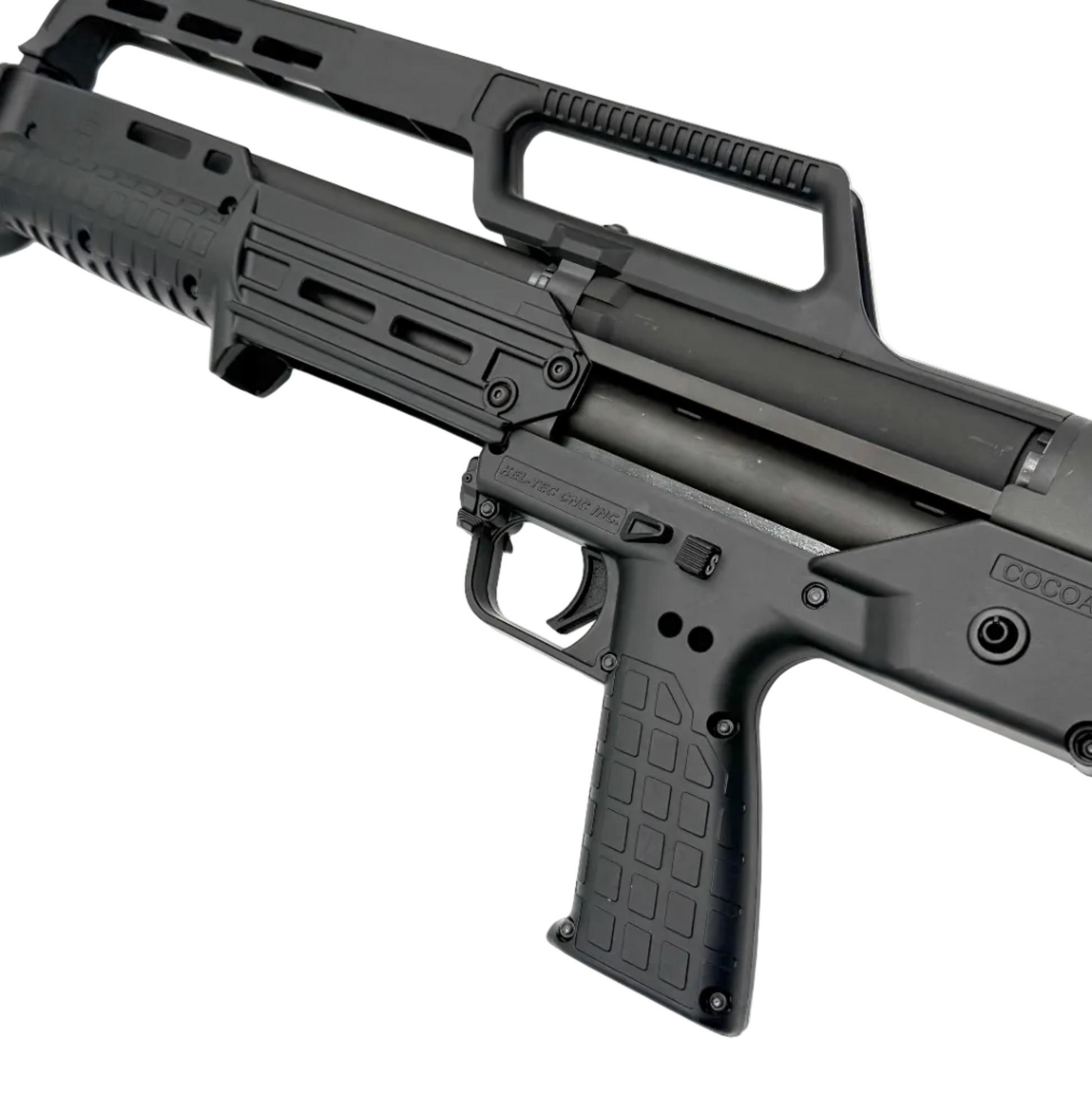 KelTec KS7 12 gauge pump action shotgun with black synthetic stock and barrel, shown in a close-up side view.