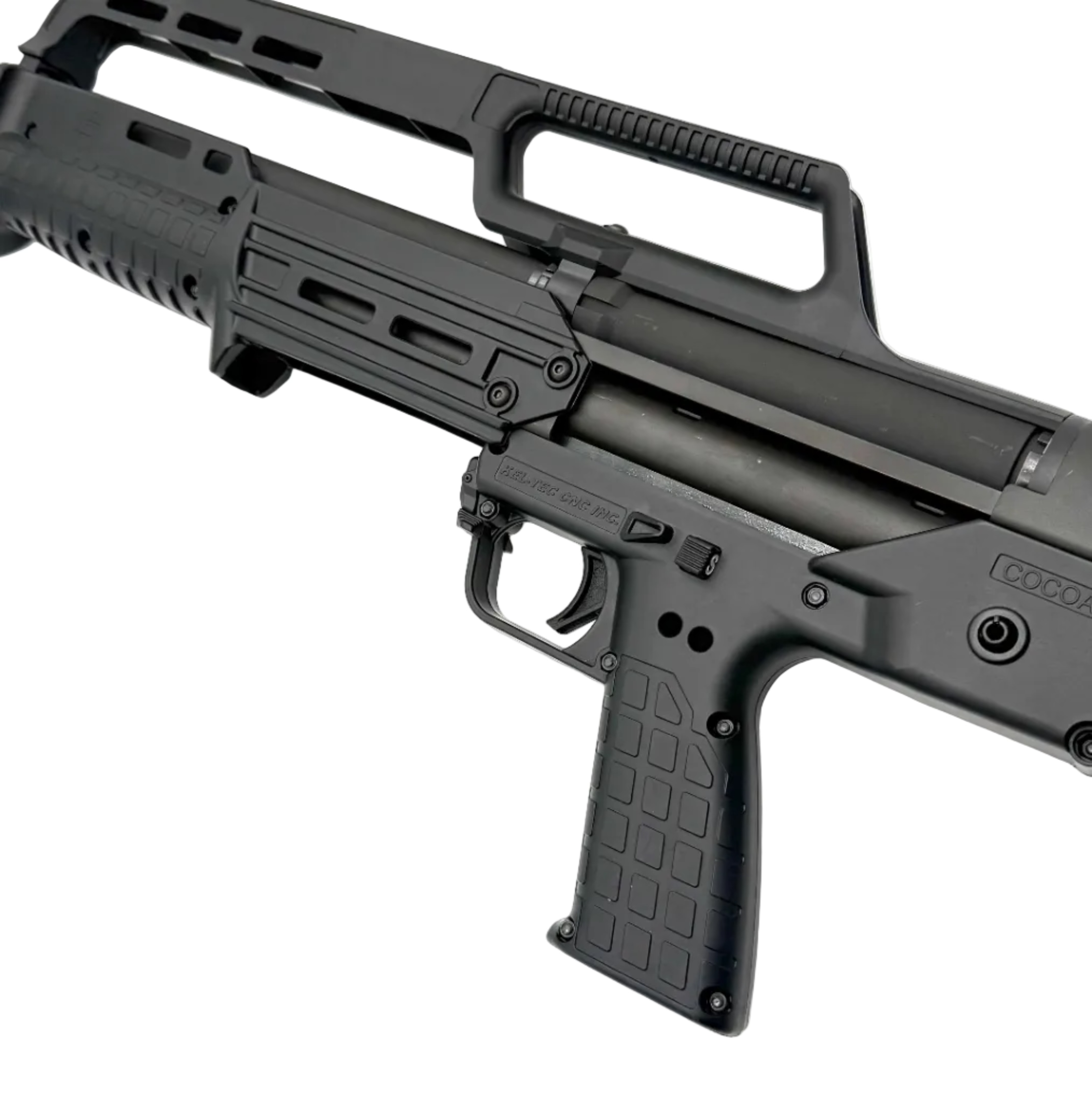 KelTec KS7 12 gauge pump action shotgun with black synthetic stock and barrel, shown in a close-up side view.