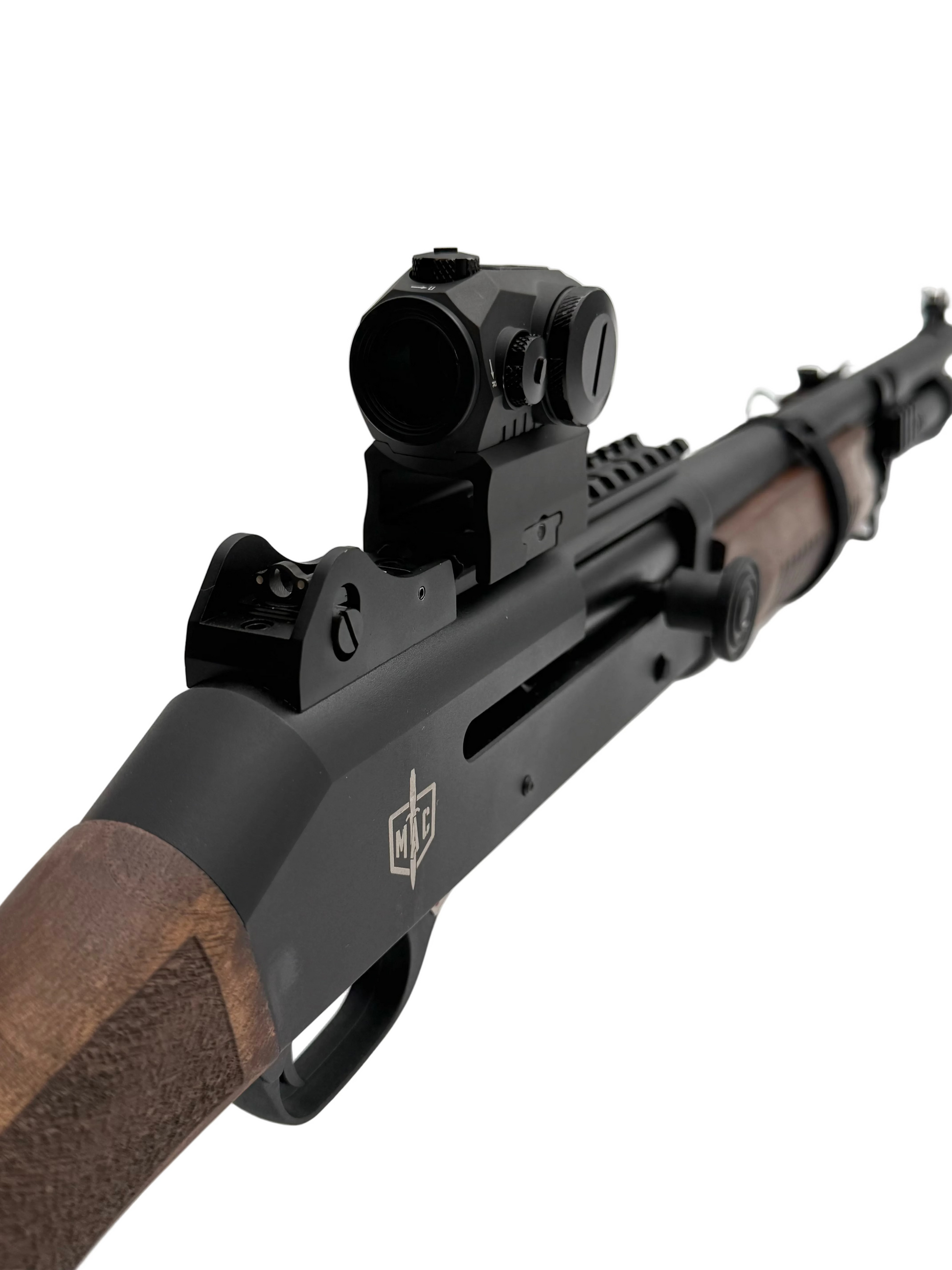 Military Armament Corp Mac 1014 12 Gauge semi-auto shotgun with black synthetic stock and tubular magazine.