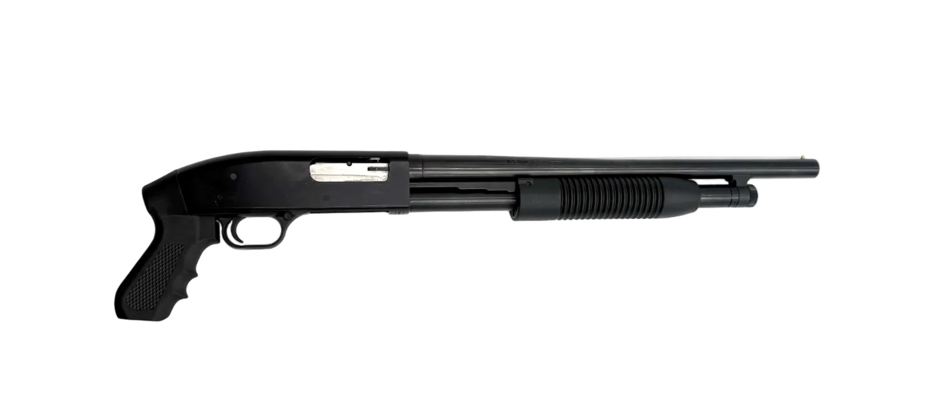 Mossberg Maverick 88 12 gauge pump-action shotgun with pistol grip, shown in a close-up shot highlighting the stock and barrel.