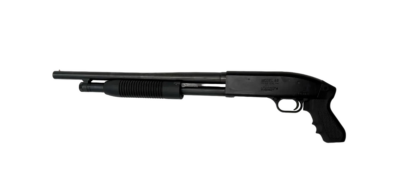 Mossberg Maverick 88 12 gauge pump-action shotgun with pistol grip, shown with metal barrel and stock, ready for firearm use.