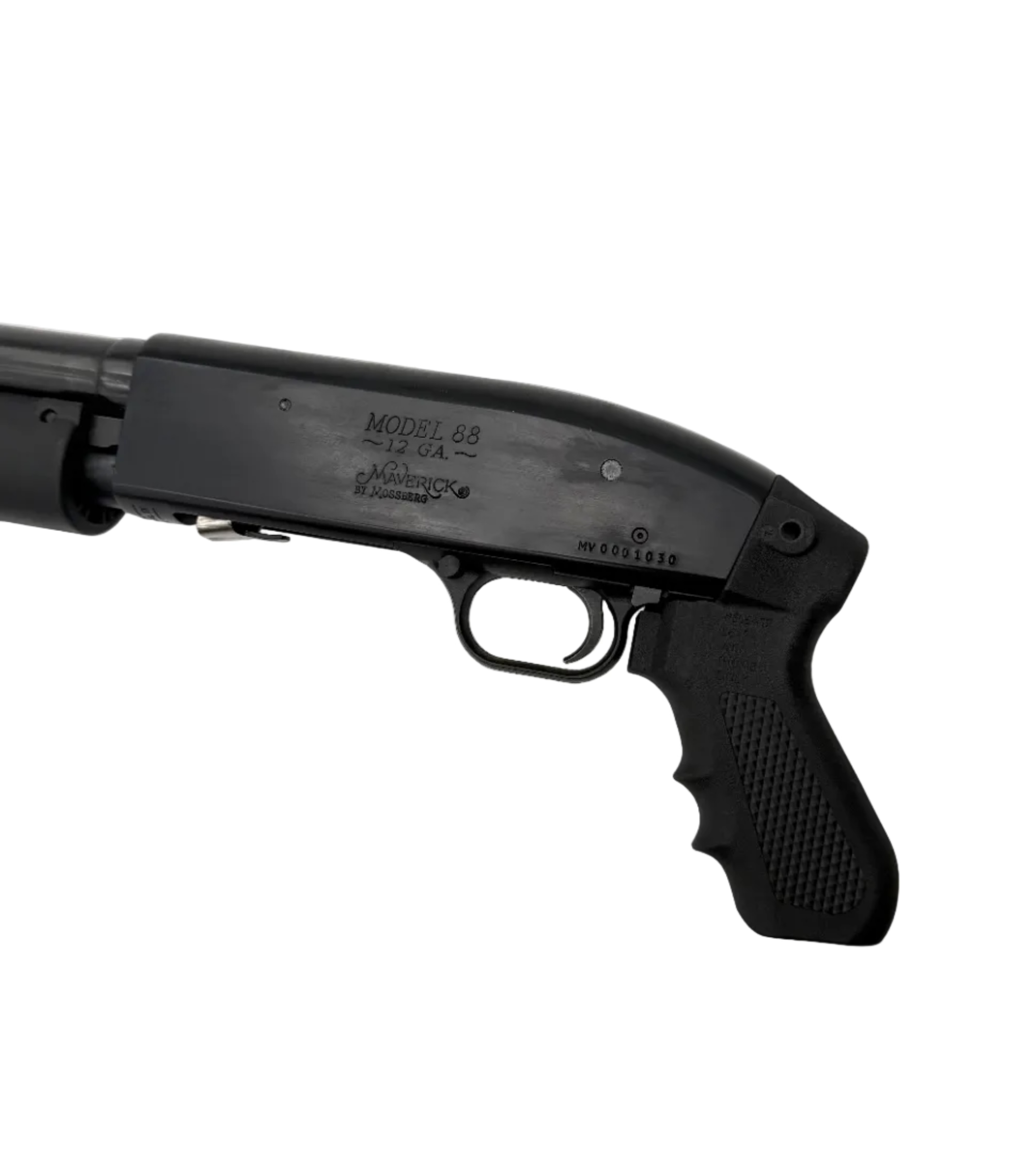 Mossberg Maverick 88 12 gauge pump-action shotgun with pistol grip, showing the firearm's stock and barrel.