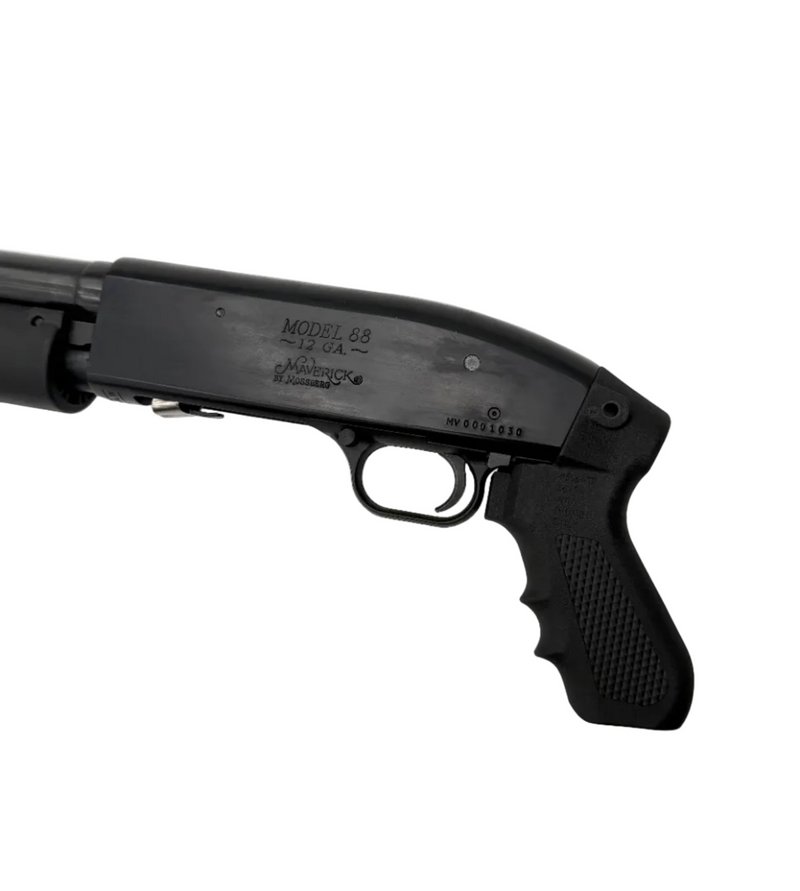 Mossberg Maverick 88 12 gauge pump-action shotgun with pistol grip, showing the firearm's stock and barrel.