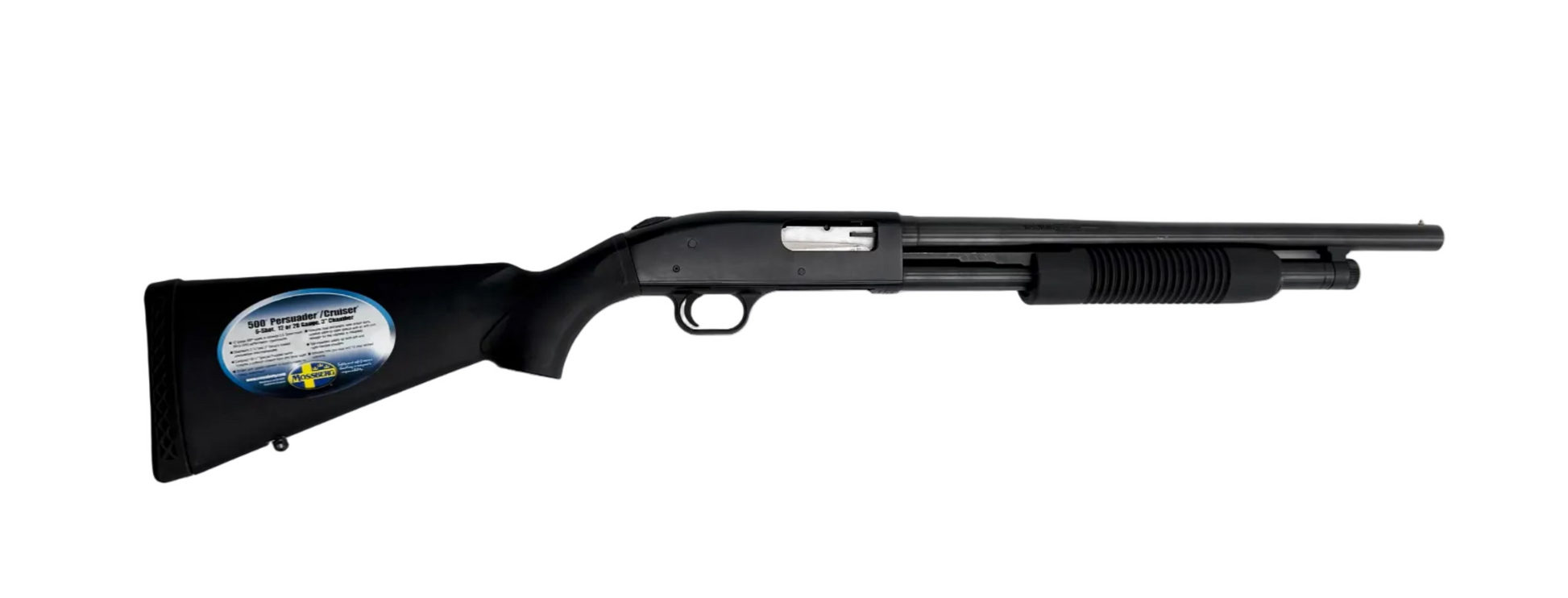 Mossberg 500 Persuader 12 gauge pump-action shotgun with black synthetic stock and barrel, shown in a close-up view.