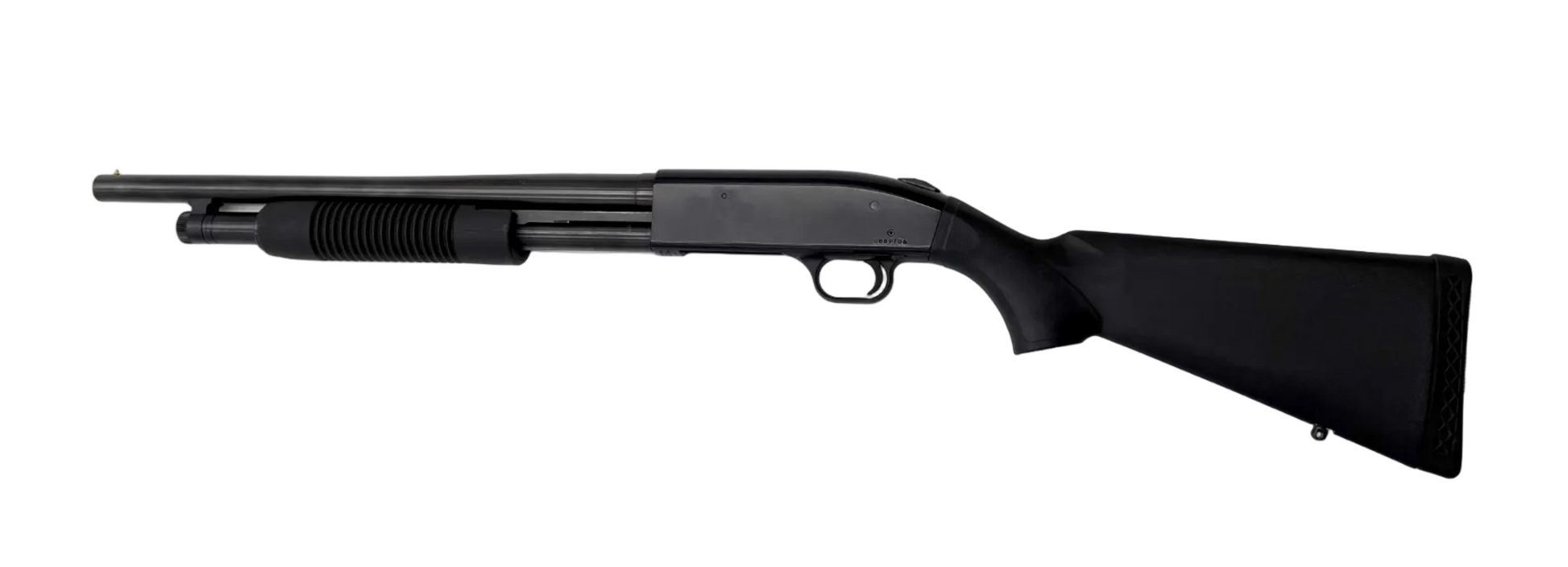 Mossberg 500 Persuader 12 Gauge pump-action shotgun with black synthetic stock and metal barrel, shown in a side view image.