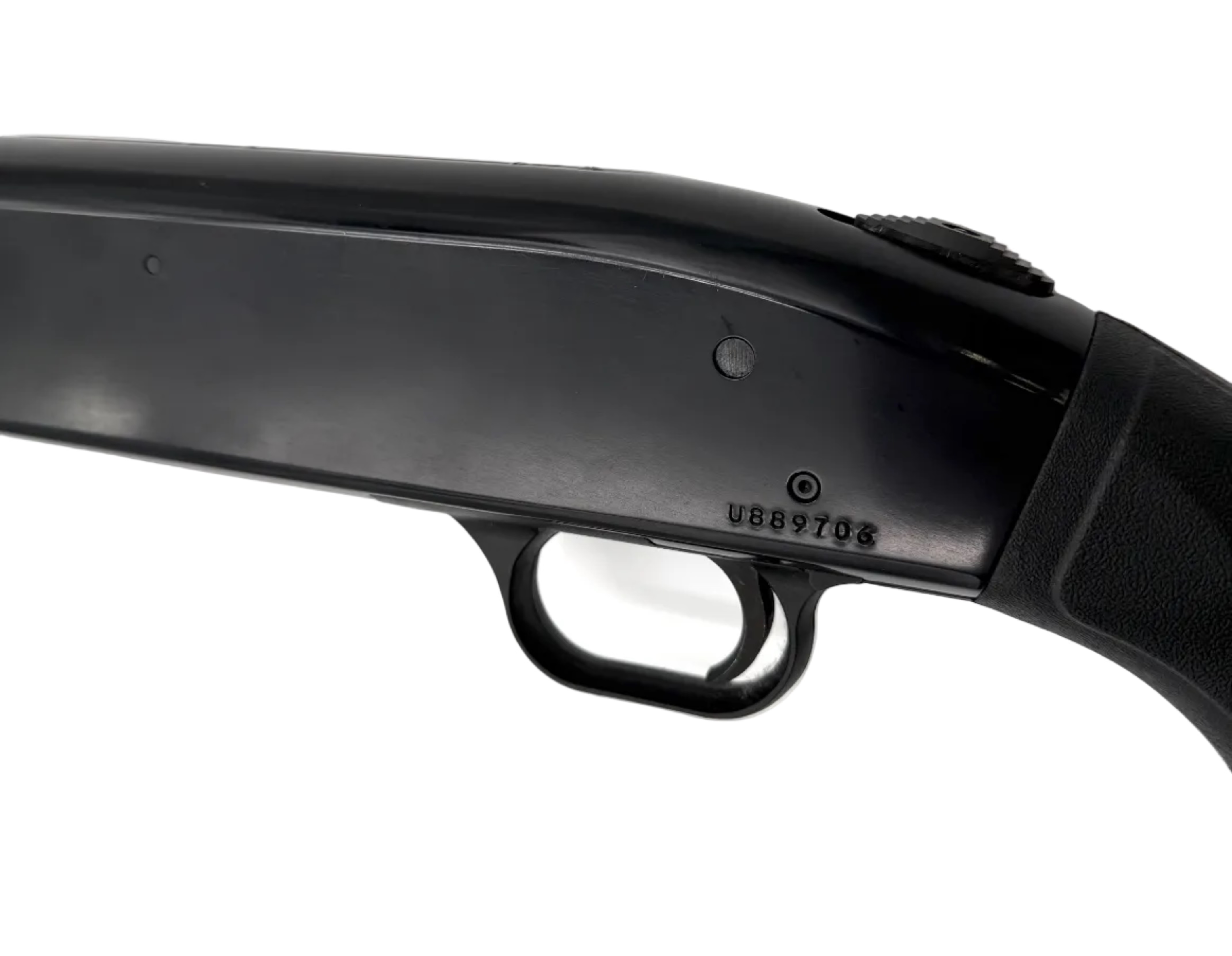 Mossberg 500 Persuader 12 Gauge pump-action shotgun with black synthetic stock and metal barrel, shown from the side.
