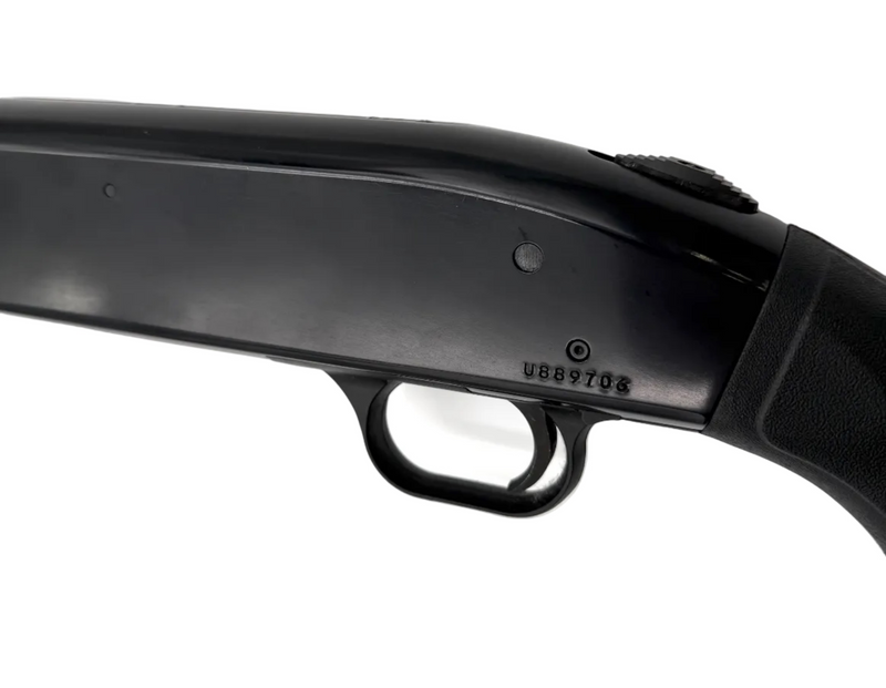 Mossberg 500 Persuader 12 Gauge pump-action shotgun with black synthetic stock and metal barrel, shown from the side.