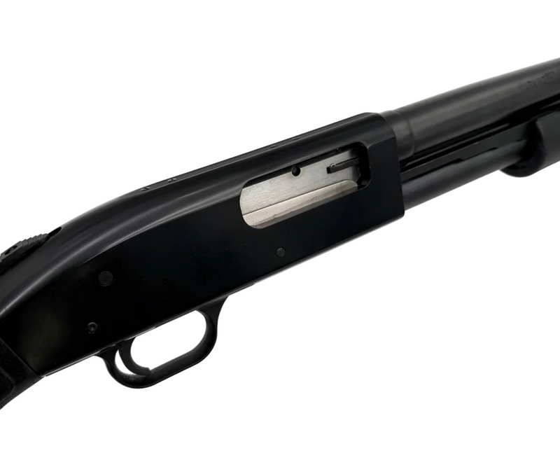 Mossberg 500 Persuader 12 Gauge pump action shotgun with black synthetic stock and barrel, ready for tactical use
