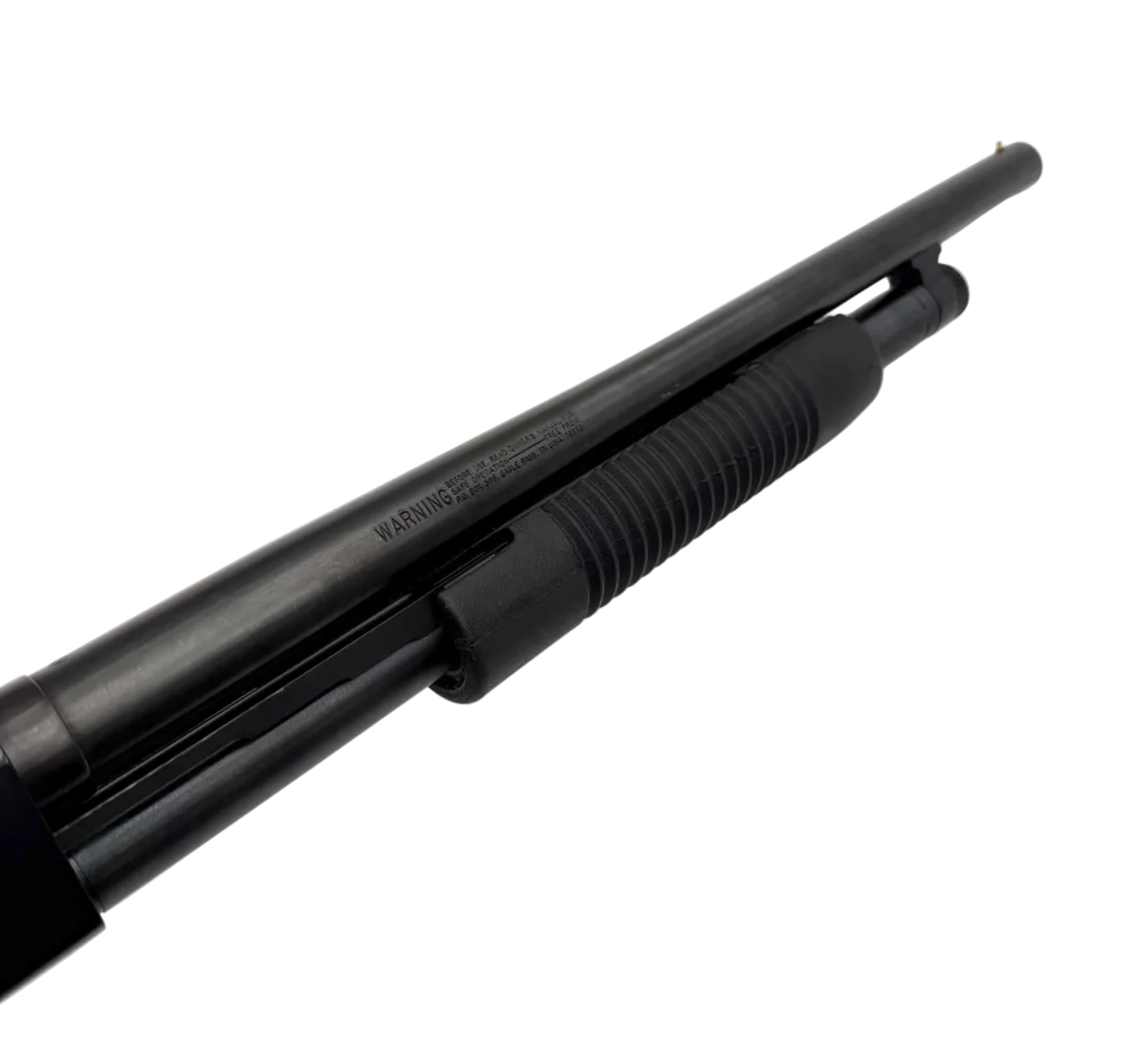 Mossberg 500 Persuader 12 Gauge pump-action shotgun with black synthetic stock and extended barrel, ready for shooting.