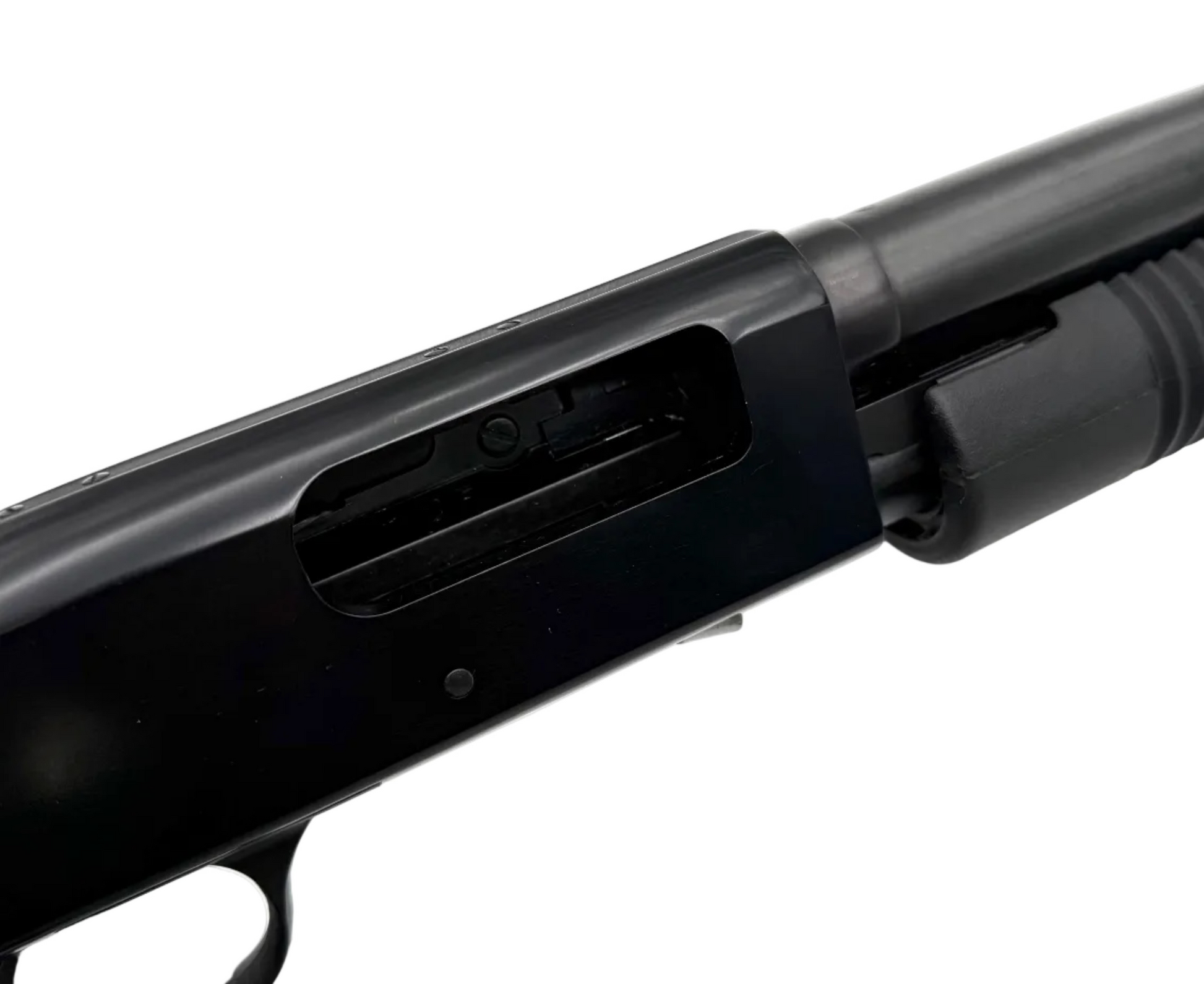 Mossberg 500 Persuader 12 gauge pump-action shotgun with wooden stock and metal barrel, shown from side view.