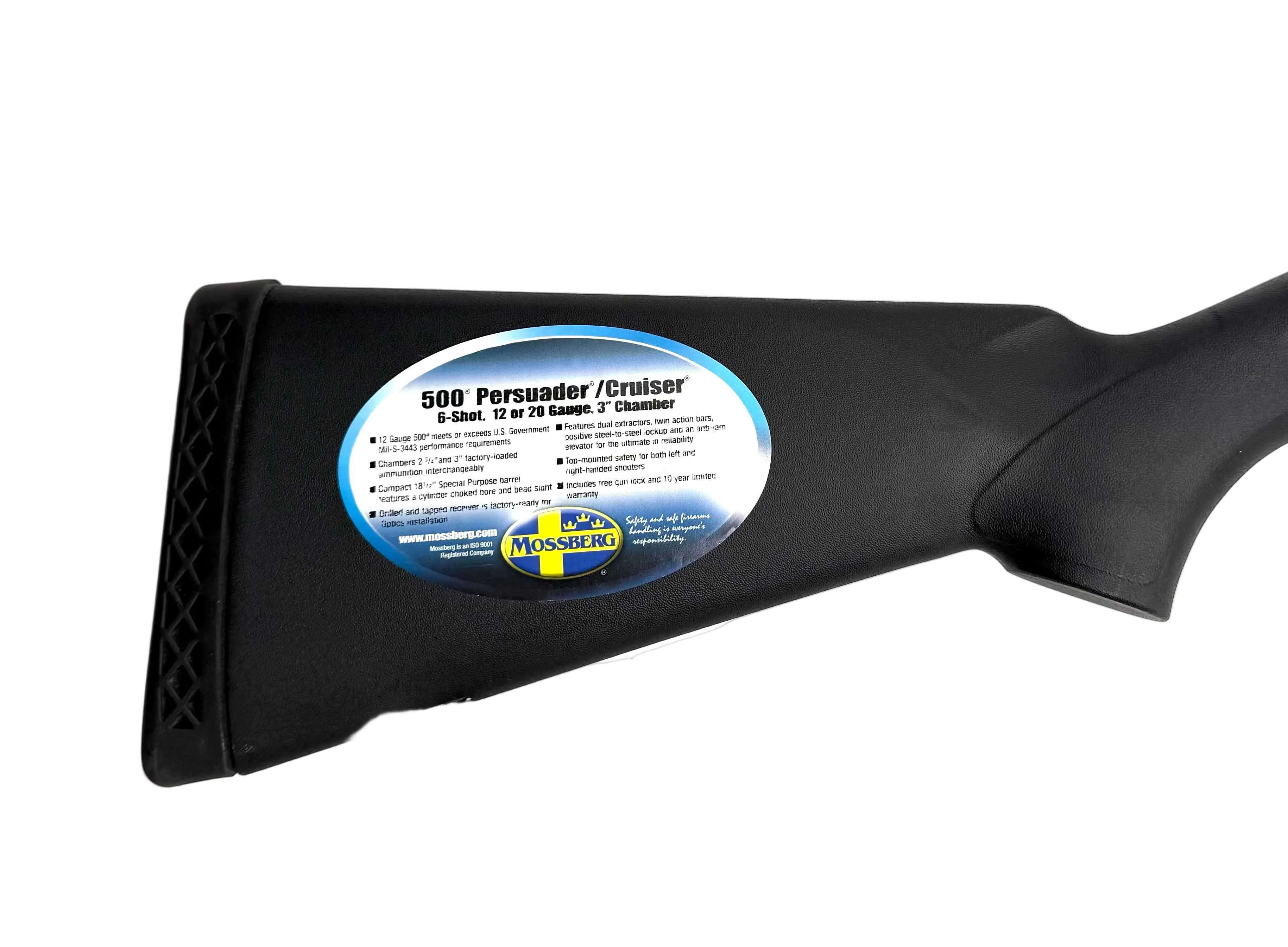 Mossberg 500 Persuader 12 Gauge pump-action shotgun with black synthetic stock and barrel, shown from a side angle.