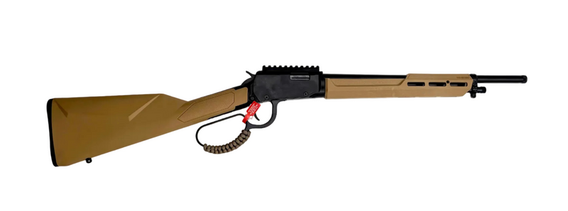 Rossi Rio Bravo .22LR lever action rifle displayed on a wooden surface, showcasing its classic design and metal finish.