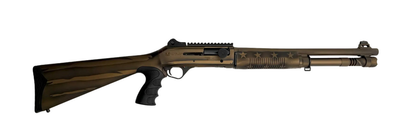 Panzer Arms M4 Tactical 12 Gauge semi-auto shotgun with black finish and tactical stock, shown in a close-up image.