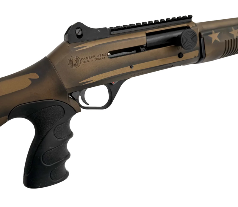 Panzer Arms M4 Tactical 12 Gauge semi-auto shotgun with black finish and tactical stock, shown in a close-up profile shot.