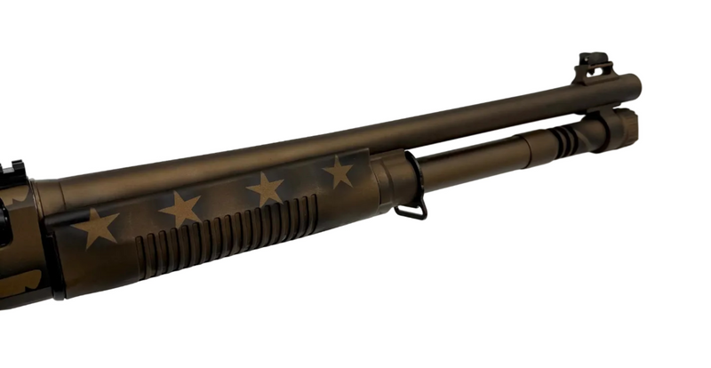 Panzer Arms M4 Tactical 12 Gauge semi-auto shotgun with black synthetic stock and tactical rail, ready for hunting or shooting sports.
