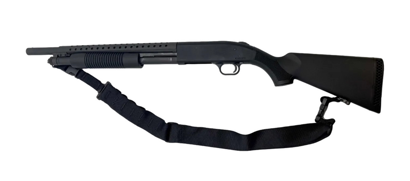 Mossberg 500 12 Gauge Pump Action Shotgun with wooden stock and barrel, ready for use in hunting or home defense.