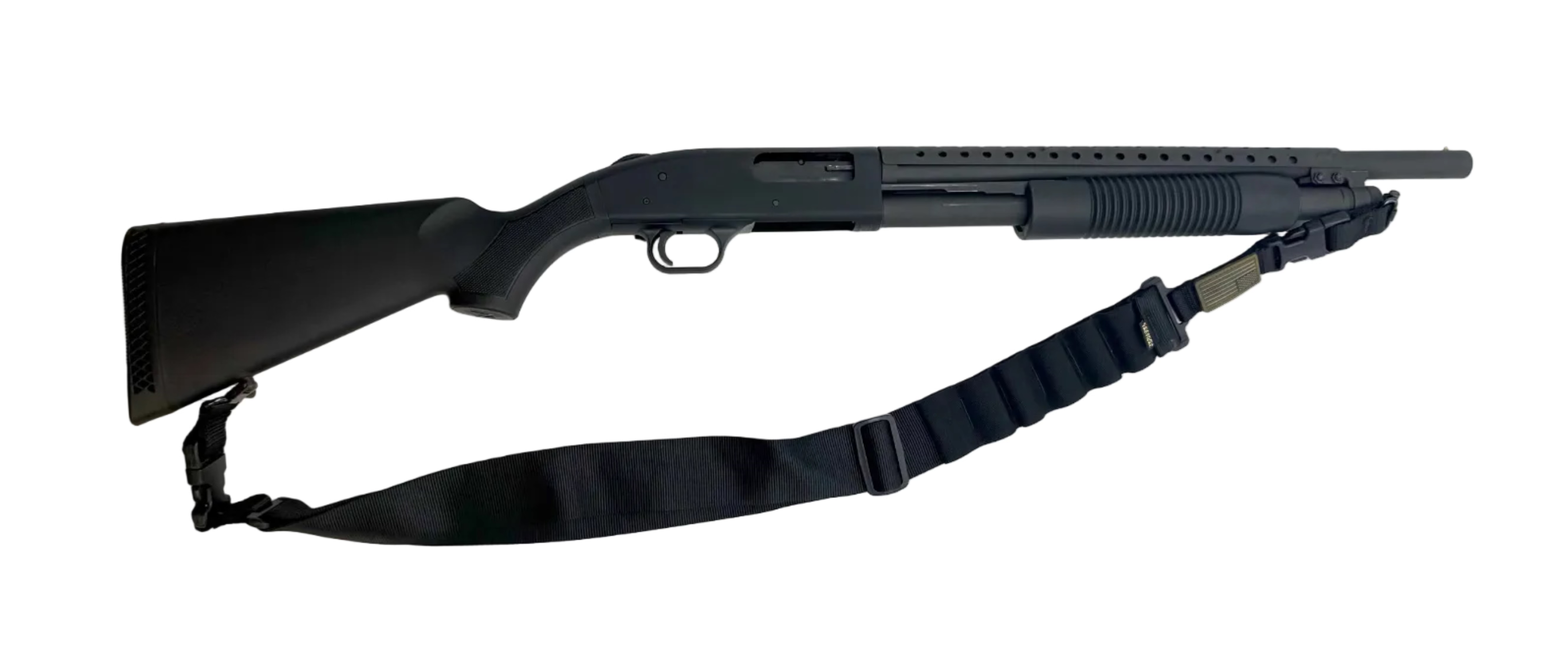 Mossberg 500 12 Gauge pump action shotgun with black synthetic stock and barrel, shown from a side angle.