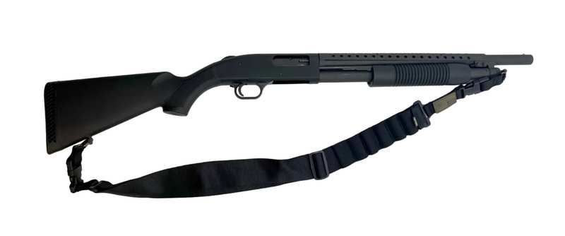 Mossberg 500 12 Gauge pump action shotgun with black synthetic stock and barrel, shown from a side angle.