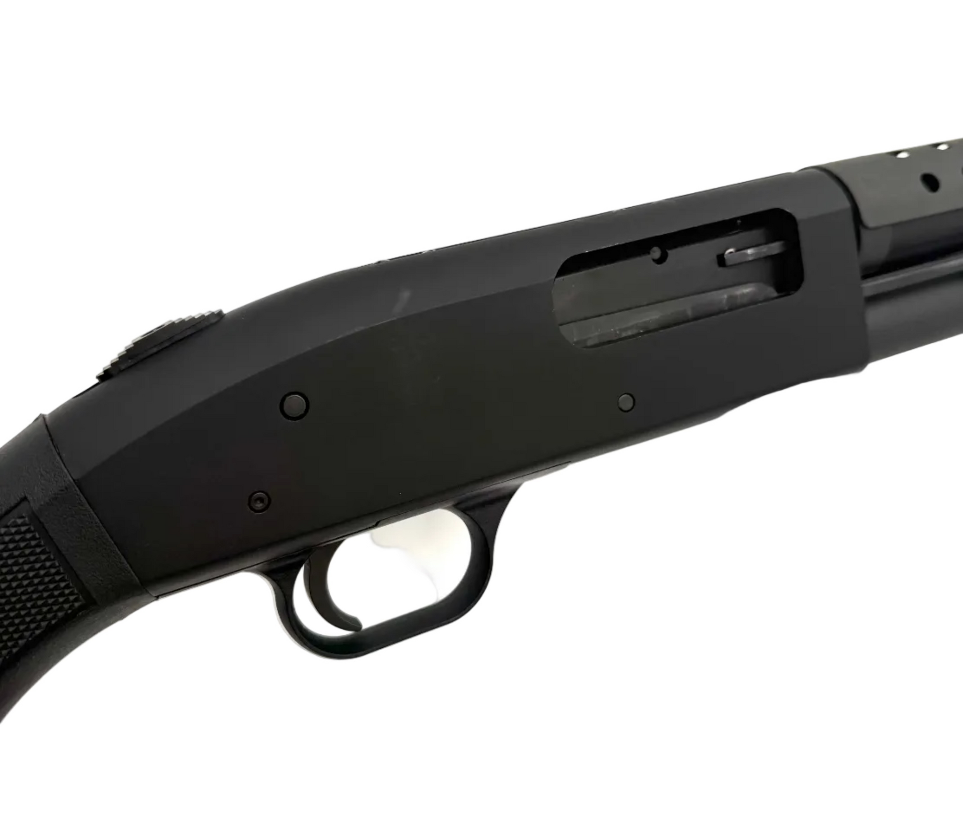 Mossberg 500 12 gauge pump action shotgun with black synthetic stock and barrel, close-up view of the firearm.