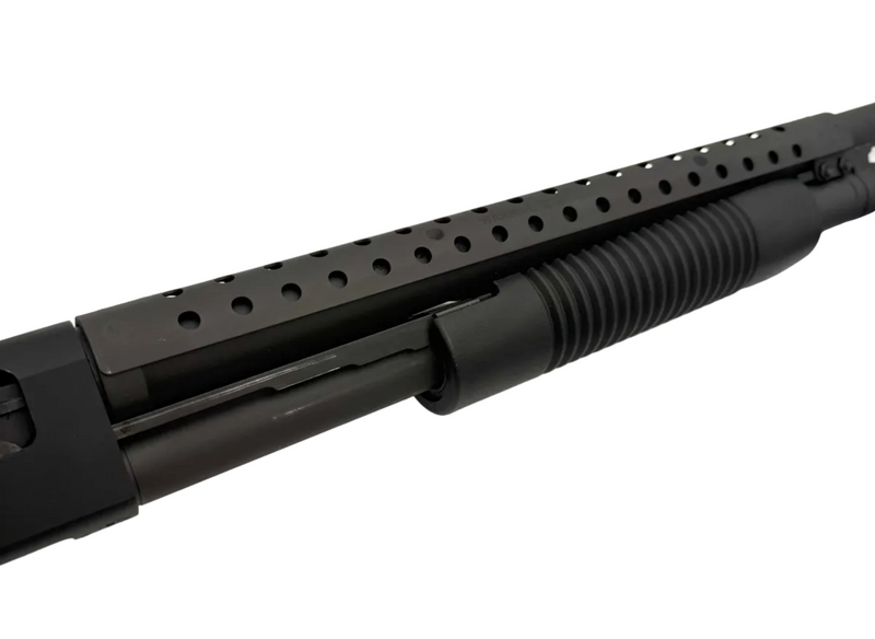 Mossberg 500 12 Gauge pump action shotgun with black synthetic stock and metal barrel, ready for hunting or home defense.