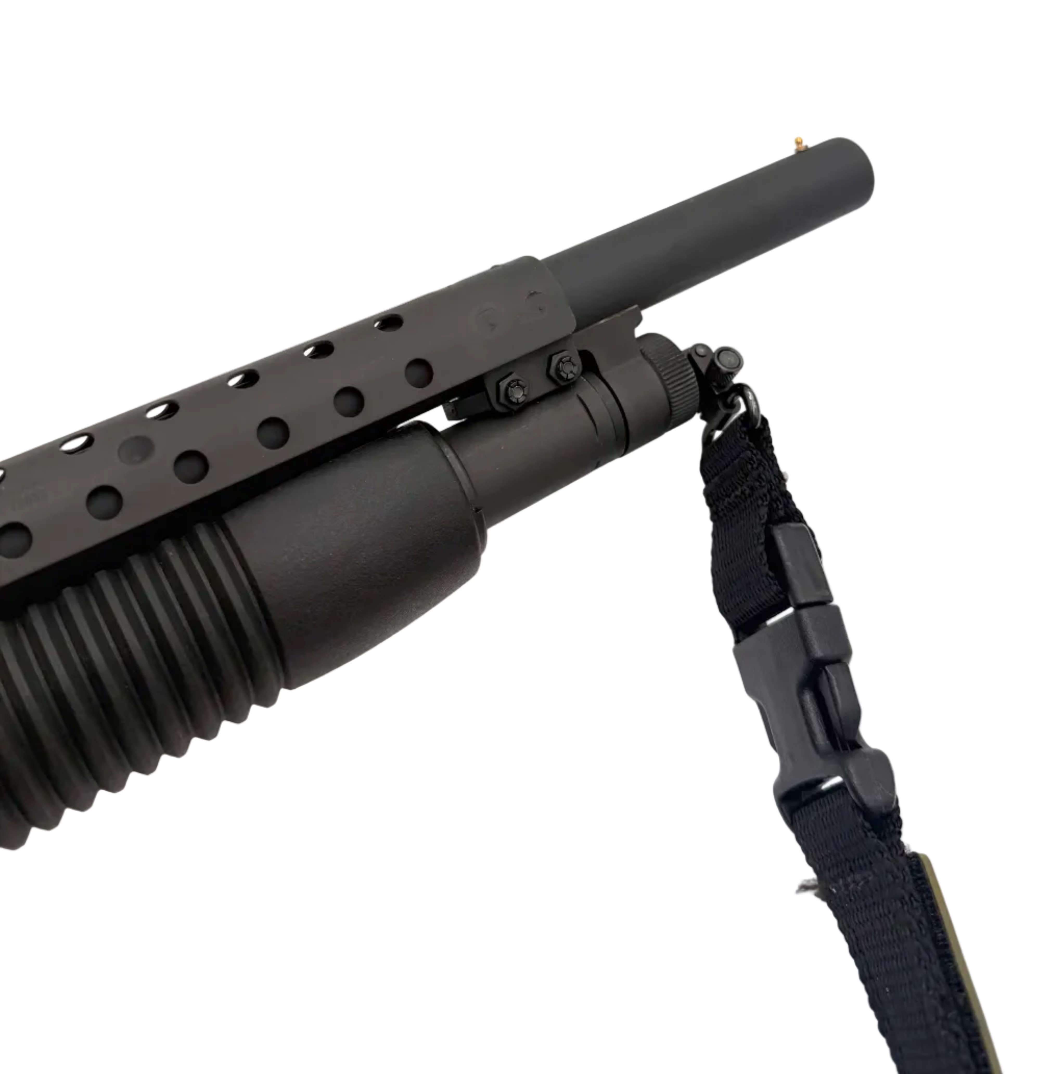 Mossberg 500 12 gauge pump-action shotgun with black synthetic stock and barrel, shown from side view.