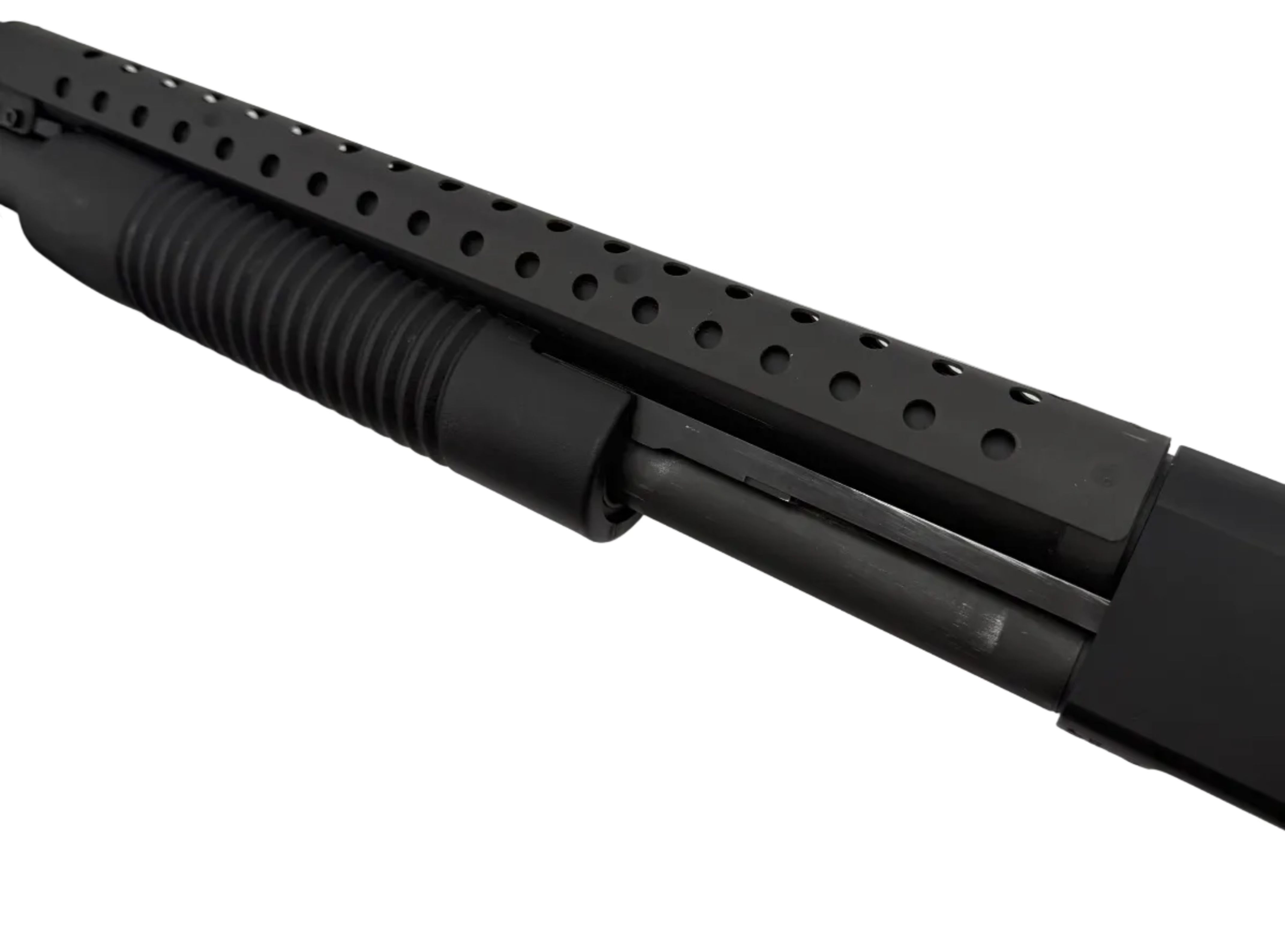 Mossberg 500 12 gauge pump action shotgun with black synthetic stock and barrel, resting on a wooden surface.