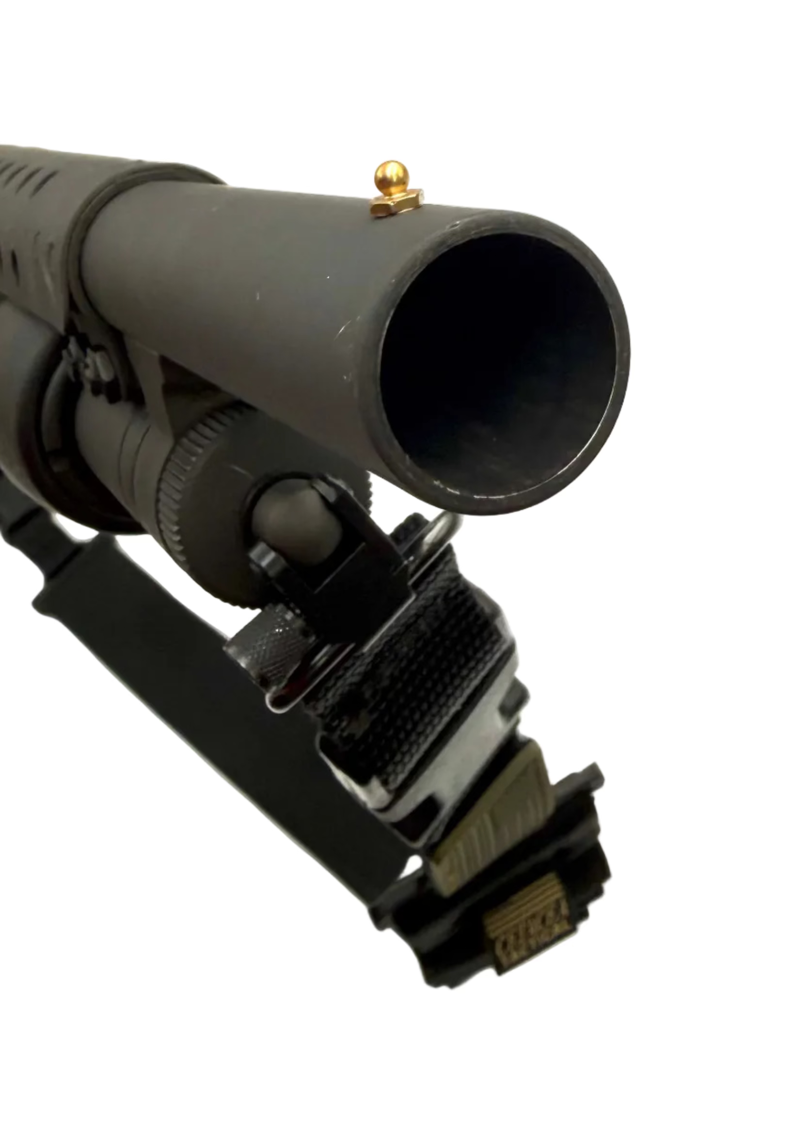 Mossberg 500 12 Gauge pump action shotgun with black synthetic stock and metal barrel, viewed from the side.