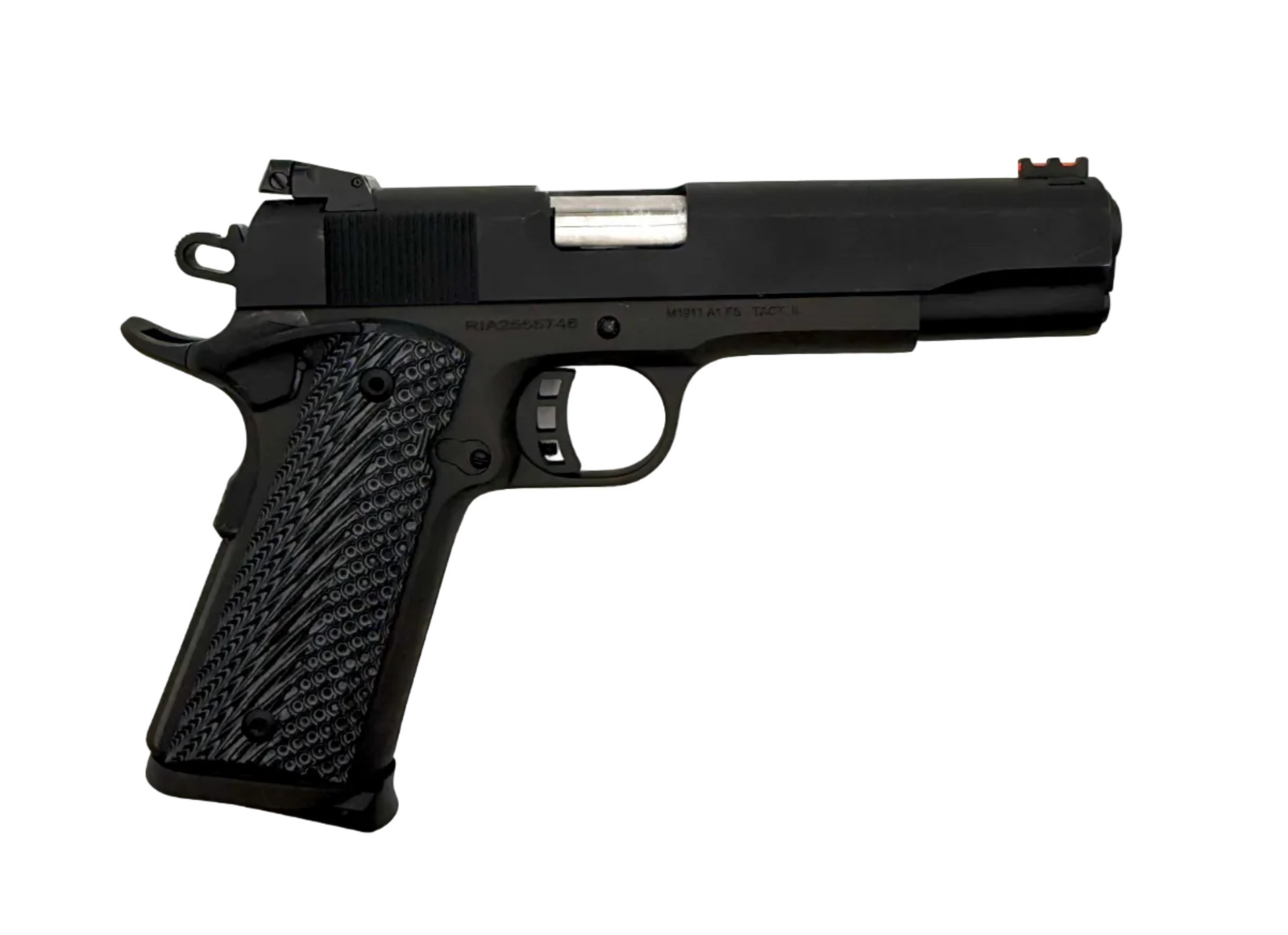 Semi-auto pistol with stainless steel slide and black grip, Rock Island Armory M1911A1-FS .45 ACP semi-automatic pistol on a plain background.