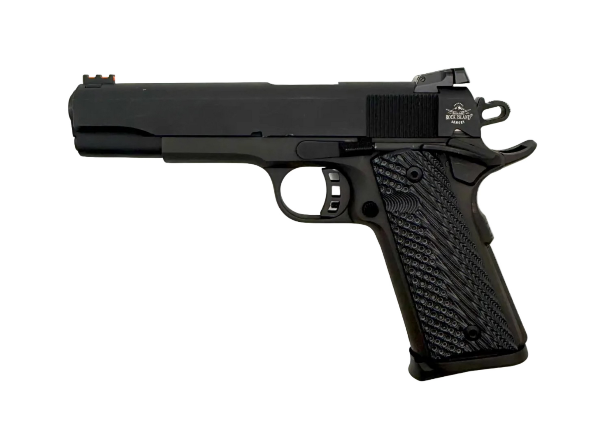 Close-up of Rock Island Armory M1911A1-FS .45 ACP semi-auto pistol showing the black metal slide and textured grip.