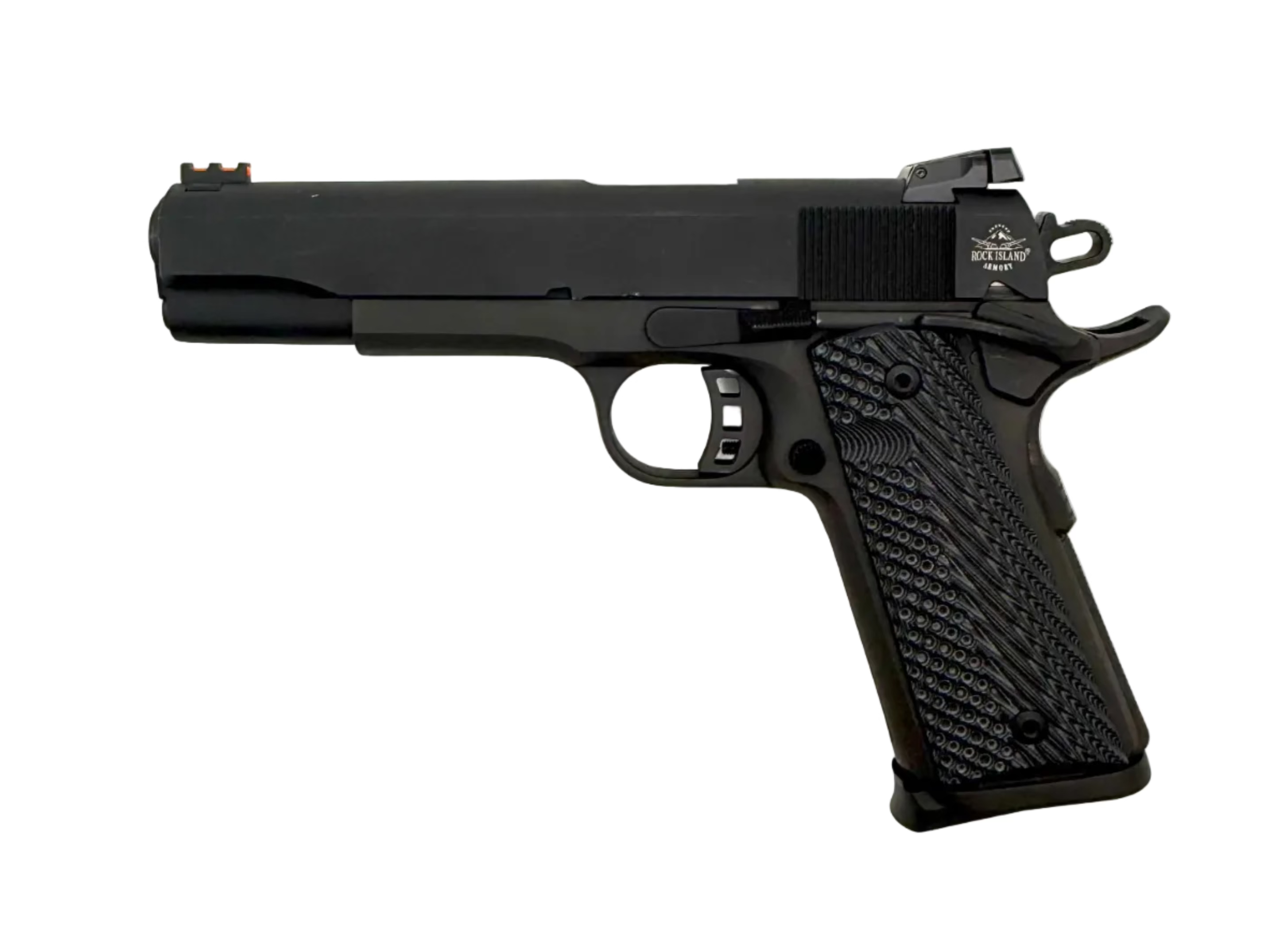 Close-up of Rock Island Armory M1911A1-FS .45 ACP semi-auto pistol showing the black metal slide and textured grip.