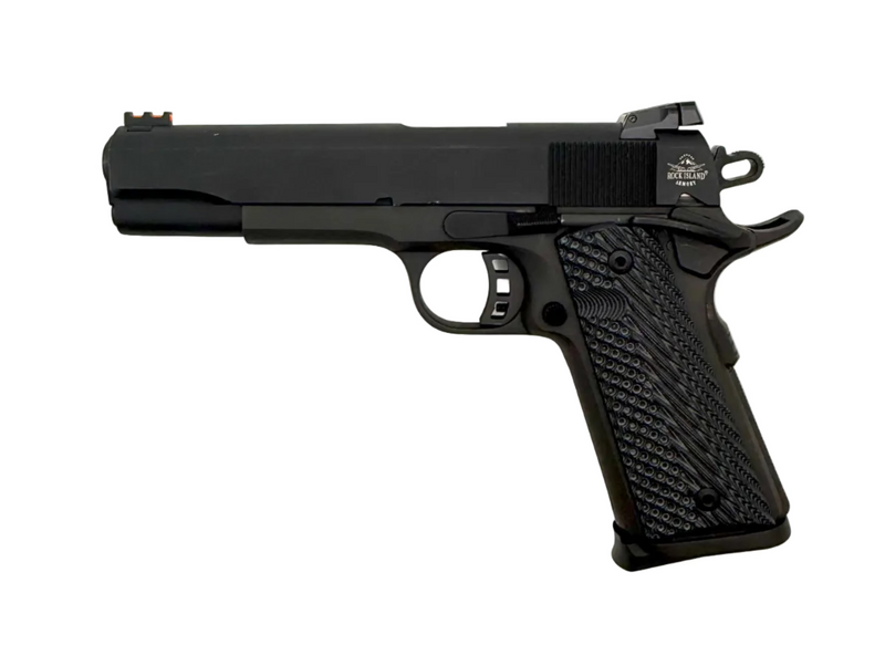 Close-up of Rock Island Armory M1911A1-FS .45 ACP semi-auto pistol showing the black metal slide and textured grip.