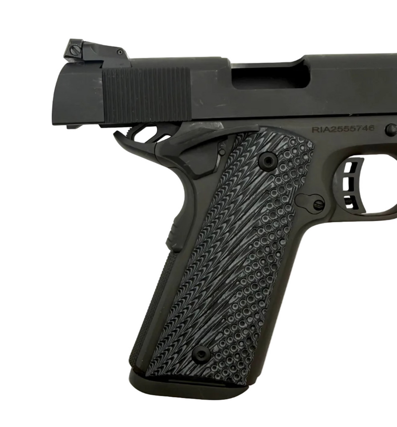 Rock Island M1911A1-FS .45 ACP semi-auto pistol with black finish and textured grip, shown from the side on a white background.