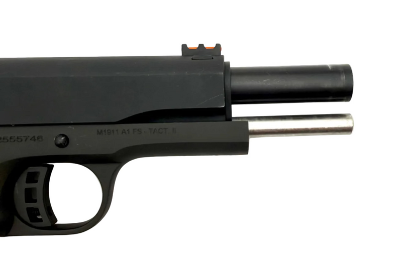 Rock Island M1911A1-FS .45 ACP semi-auto pistol with black finish and textured grip, shown from side view.