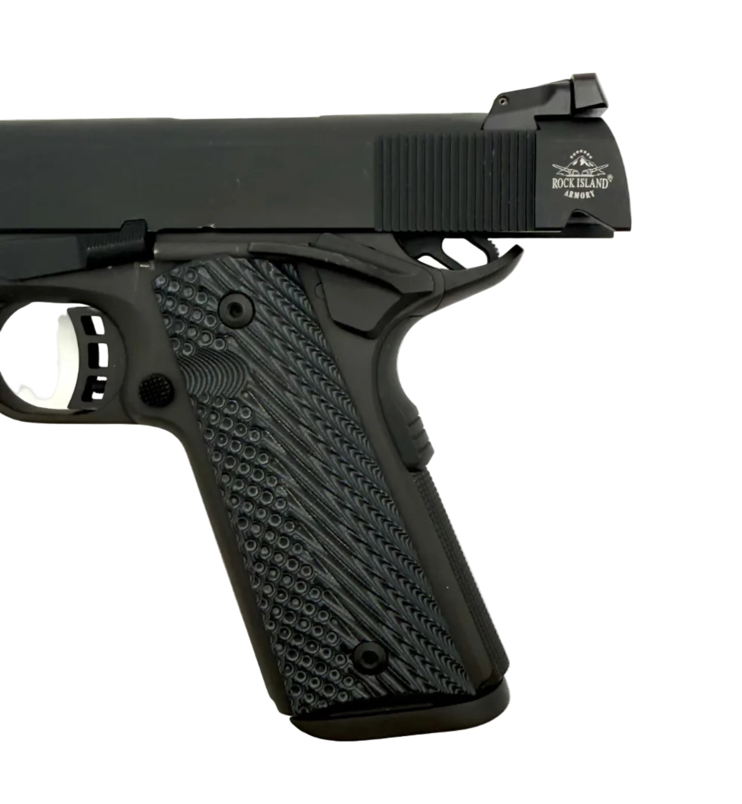 Close-up of Rock Island Armory M1911A1-FS .45 ACP semi-auto pistol showing textured grip and slide details.