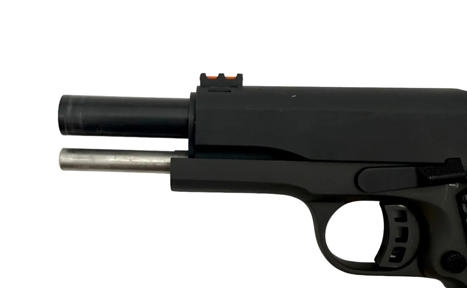 Rock Island Armory M1911A1-FS .45 ACP semi-auto pistol with black metal finish and textured grip, shown from side angle.