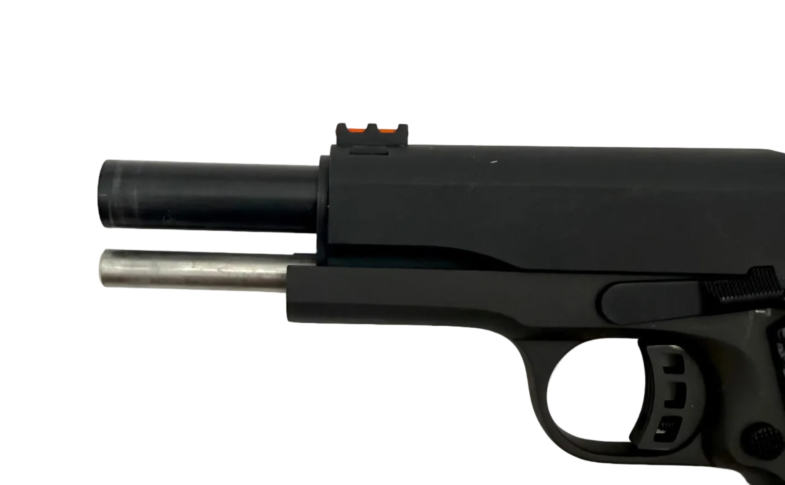 Rock Island Armory M1911A1-FS .45 ACP semi-auto pistol with black metal finish and textured grip, shown from side angle.
