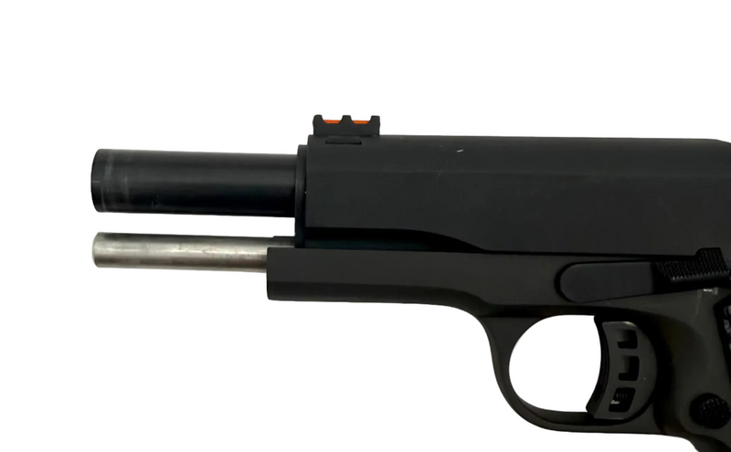 Rock Island Armory M1911A1-FS .45 ACP semi-auto pistol with black metal finish and textured grip, shown from side angle.