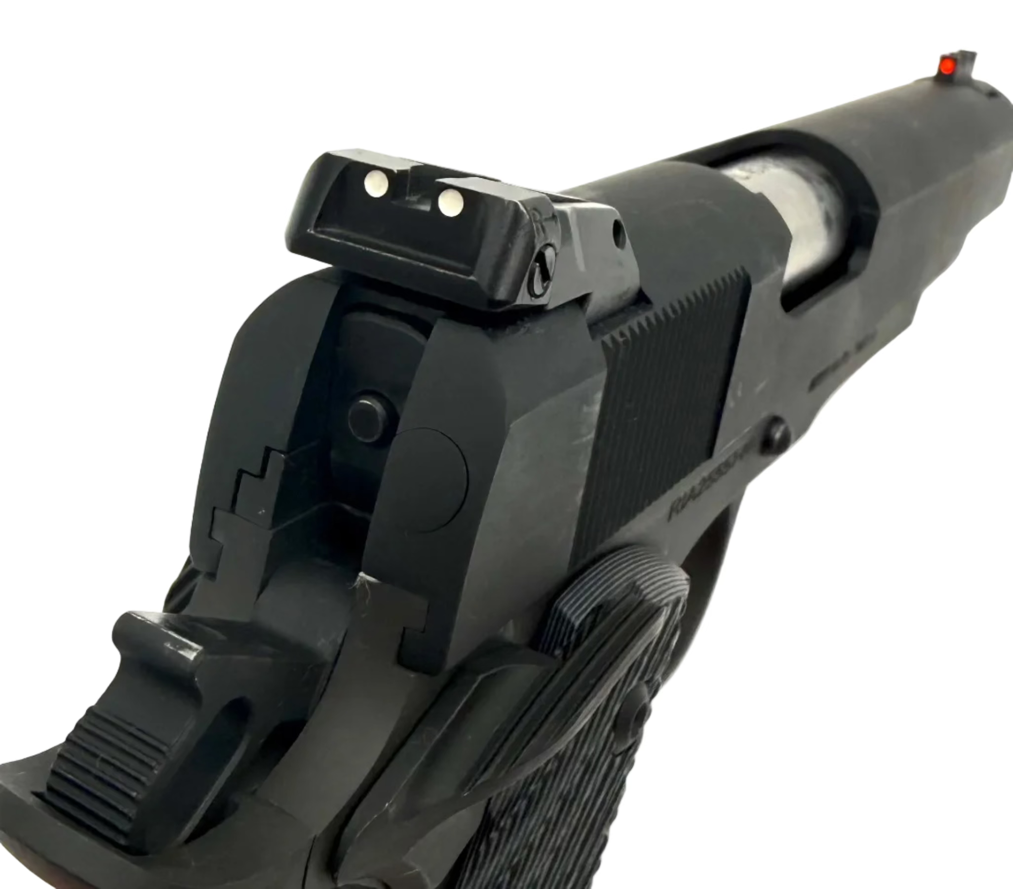 Close-up of Rock Island Armory M1911A1-FS .45 ACP semi-auto pistol with textured grip and blued finish.