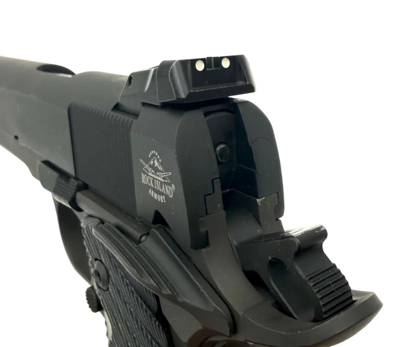 Close-up of Rock Island Armory M1911A1-FS .45 ACP semi-auto pistol with textured grip and slide details.